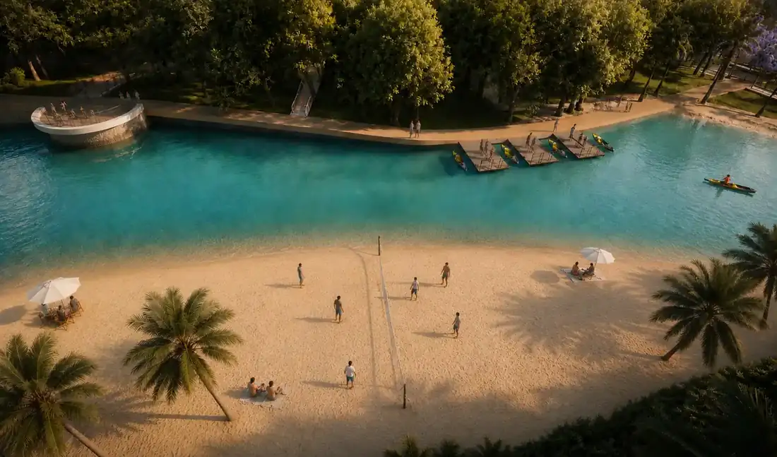 Kayak deck and white sand beach at BluBay Karjat