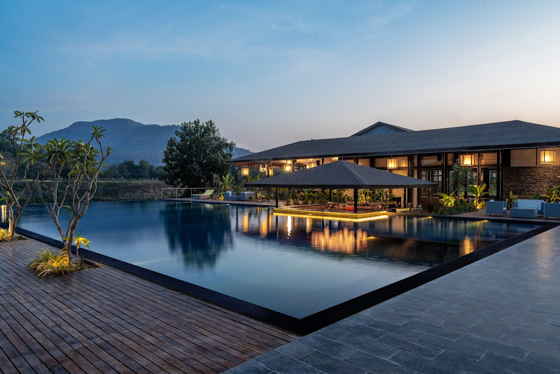 Lush outdoor dining at Oleander Farms in Karjat